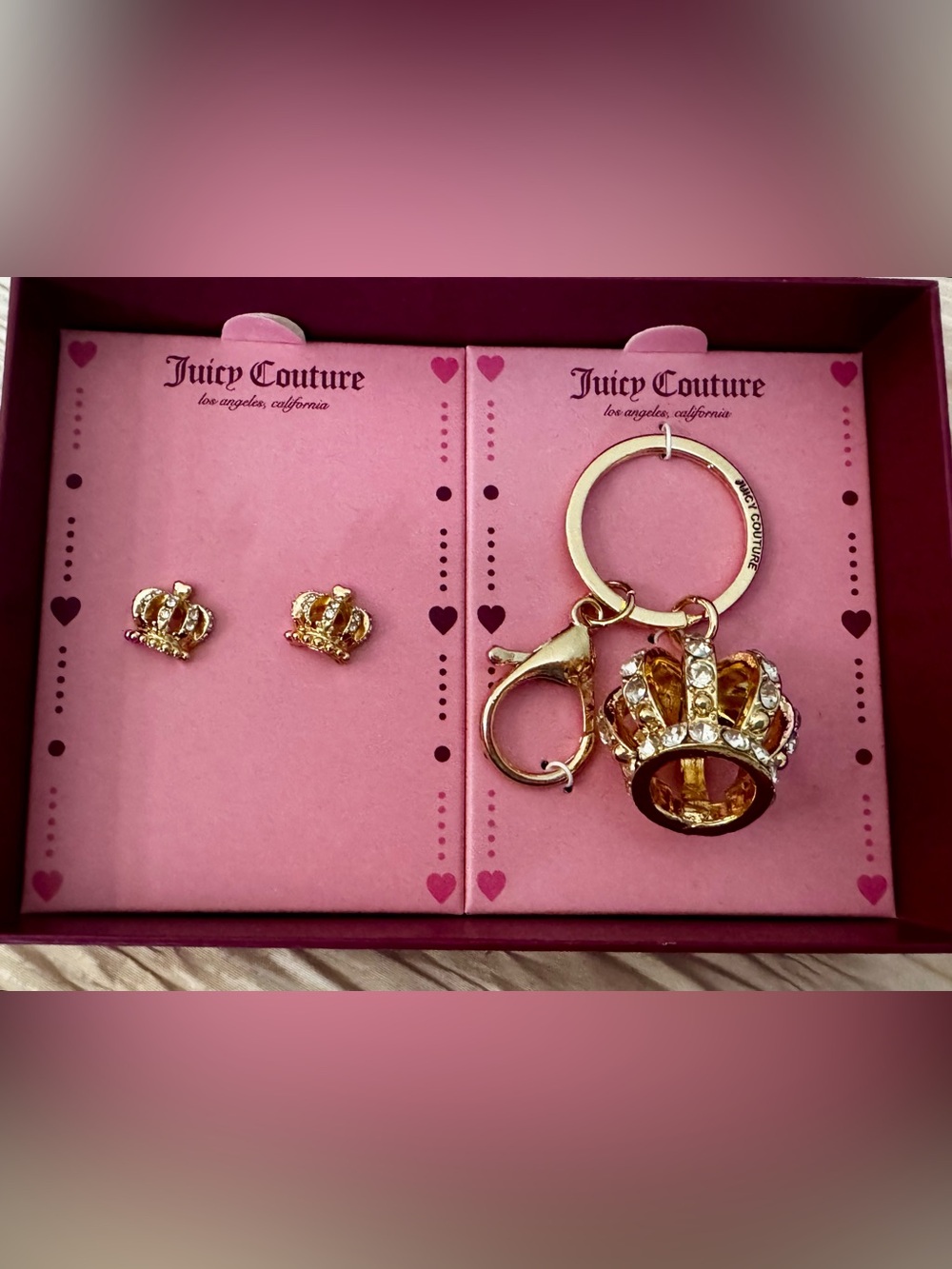 Juicy Couture Gold Crown Stud Earrings with Matching Crown Keyring